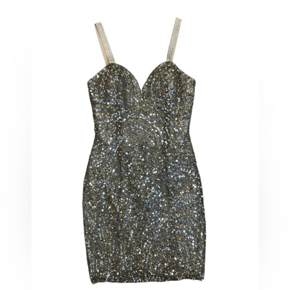 Scala Gold Sequin Mini Dress with Rhinestone Straps
